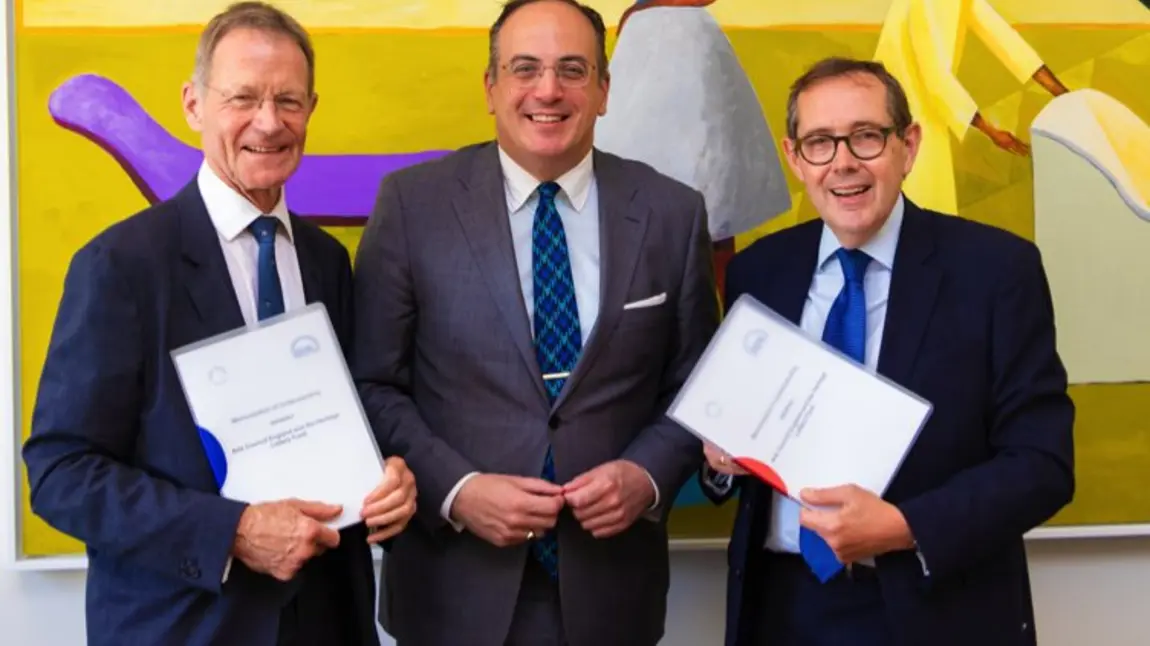 Sir Nicholas Serota, Michael Ellis MP and Sir Peter Luff at the signing of a Memorandum of Understanding