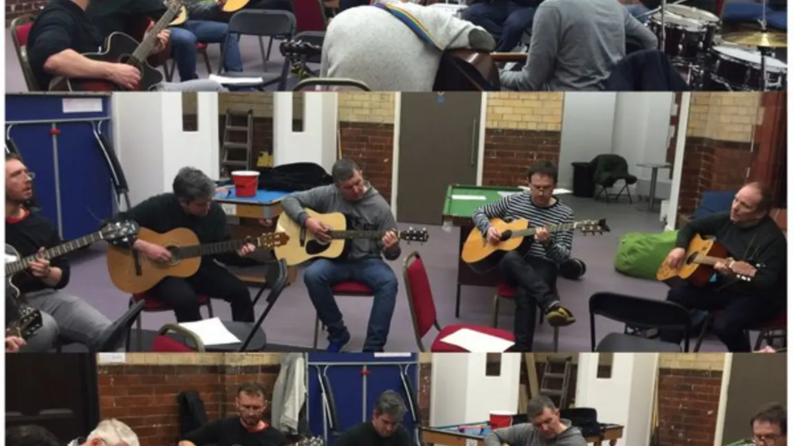 A collage showing a music group playing guitars and drums at The Florrie A collage showing a music group playing guitars and drums at The Florrie