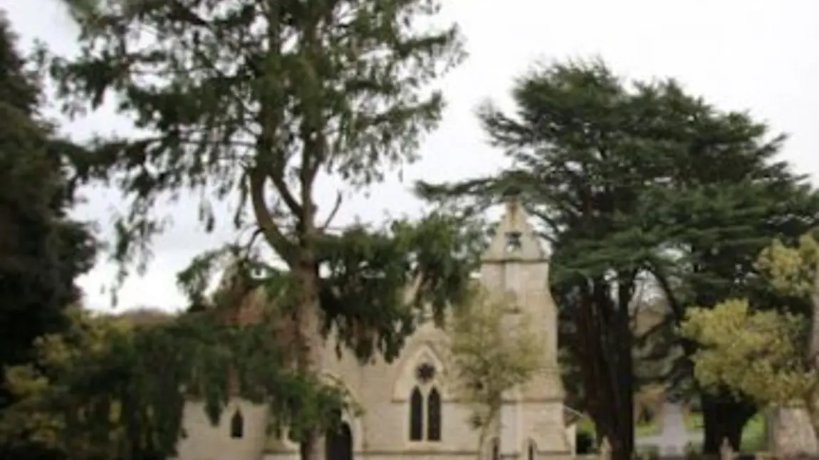The mirrored chapels and cedar trees at Northwood Cemetery The mirrored chapels and cedar trees at Northwood Cemetery