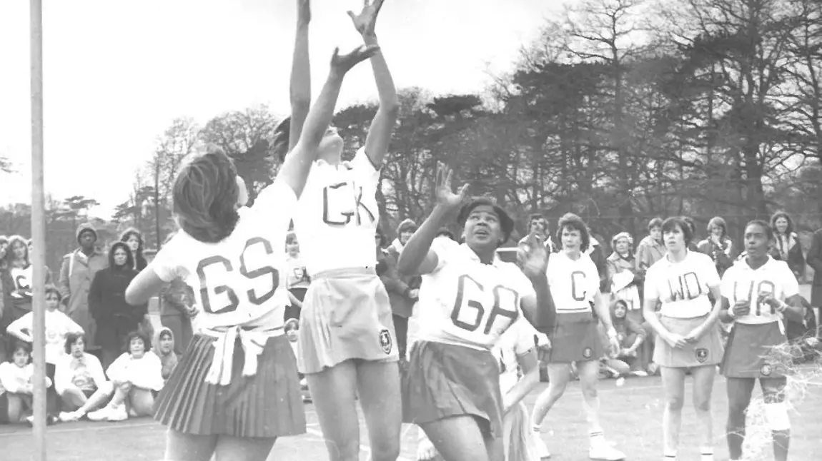 Netball centre court as project scores Lottery investment Kent v Essex County Final 1977 in Morden