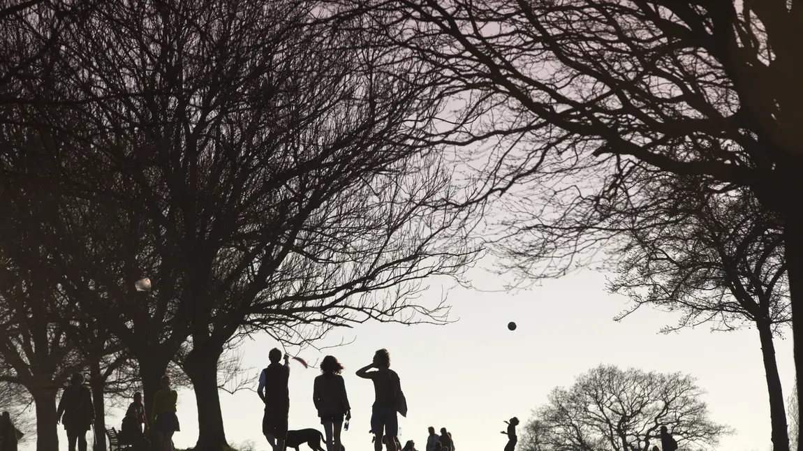 People walk dogs in Brockwell Park, South London