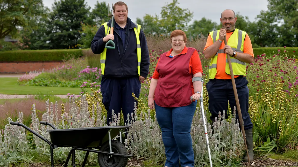Volunteers Matt, Tom and Patricia at Burslem Park in the Potteries, Stoke-on-Trent