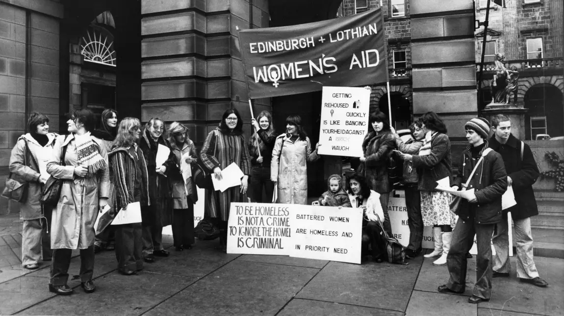 Members of Edinburgh and Lothian Women’s Aid after a protest outside Edinburgh Department of Housing, c. 1980