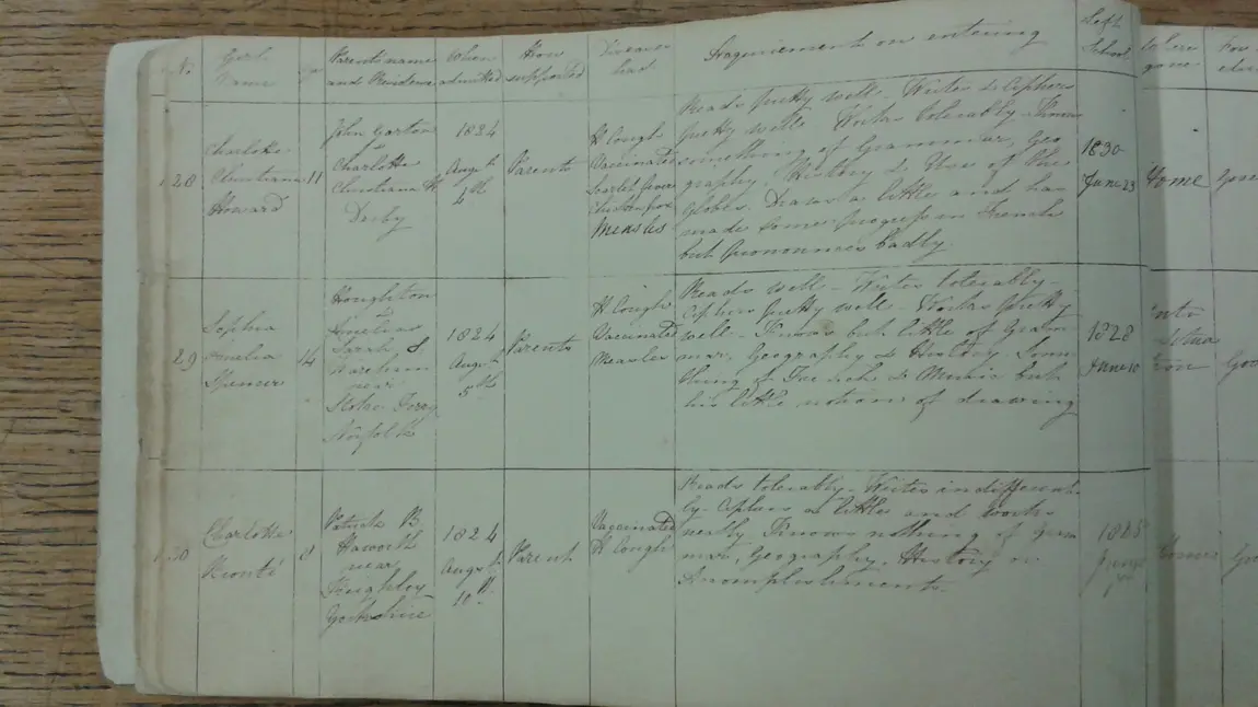 School register relating to Charlotte Bronte from the archive
