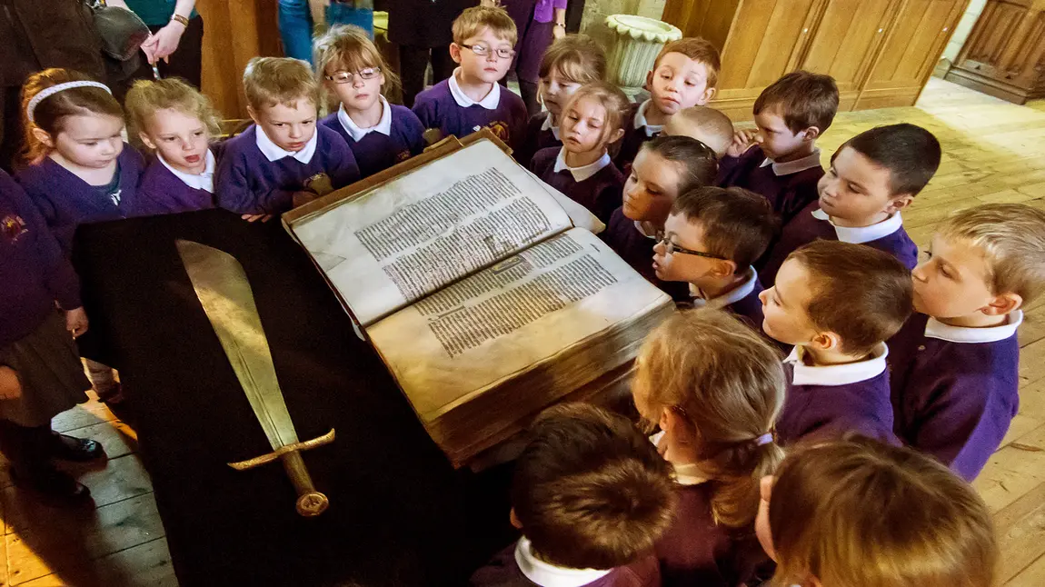 Children around Durham Cathedral treasures