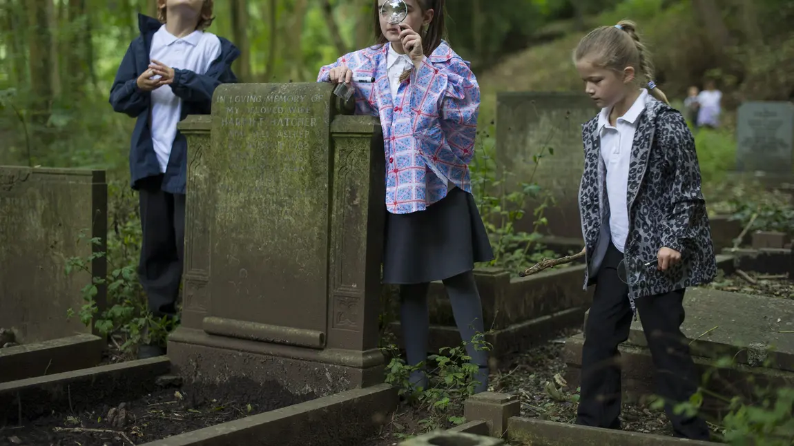 Young visitors explore Arnos Vale Cemetery