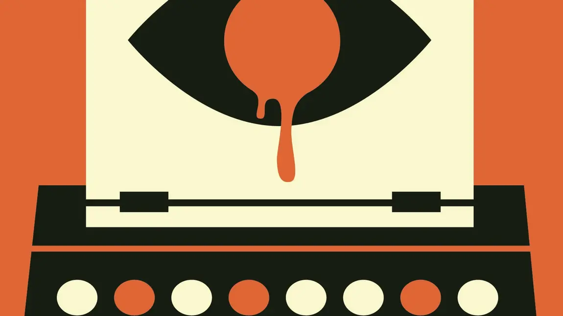 An illustration of a bleeding eye on a page loaded into a typewriter
