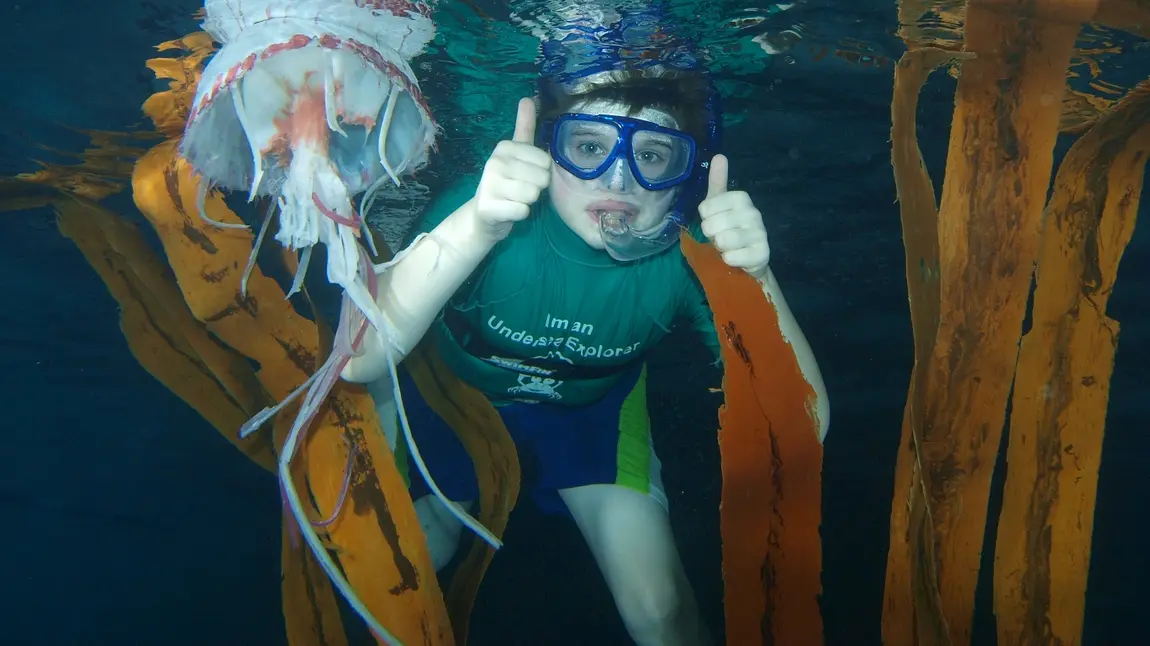 Child swimming wearing a snorkel