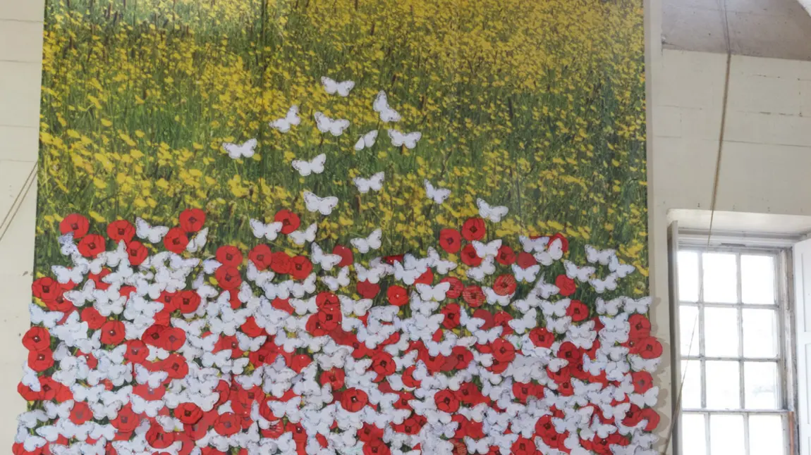 The history wall with red poppies (for those who died) or a white butterfly (for those left behind)