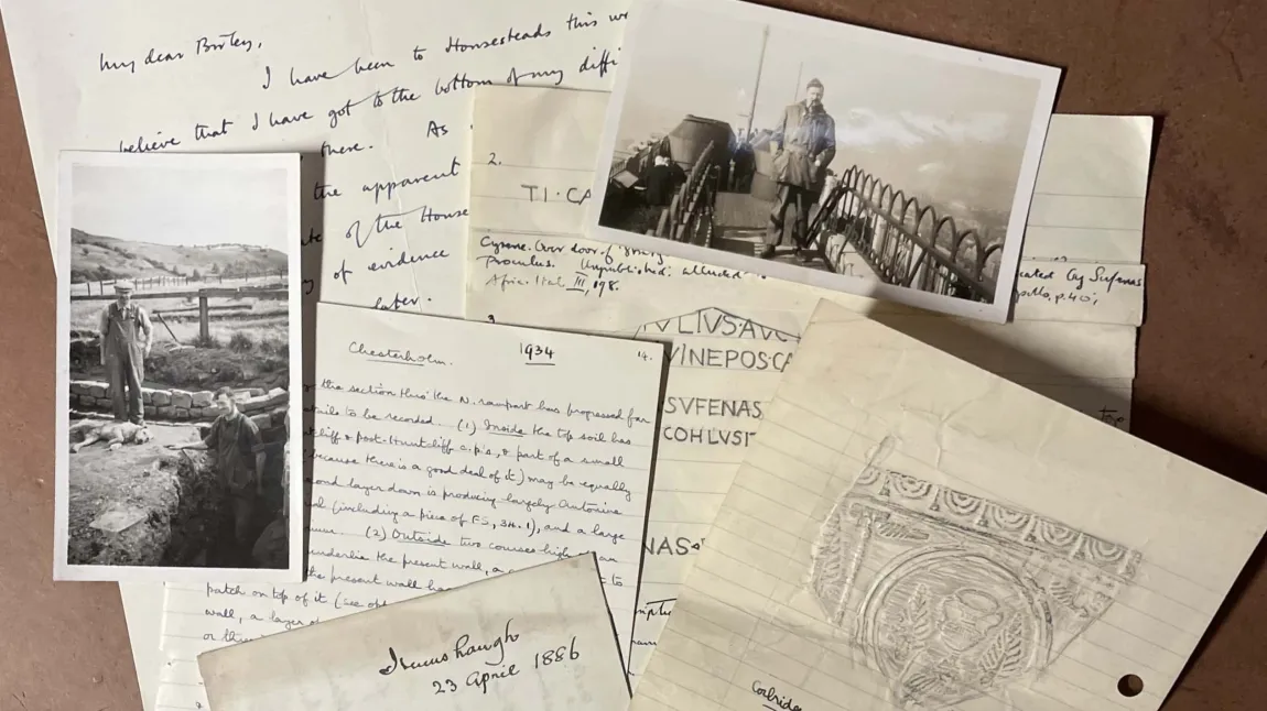 an assortment of historic photographs, letters and drawings about excavations of Hadrian's Wall