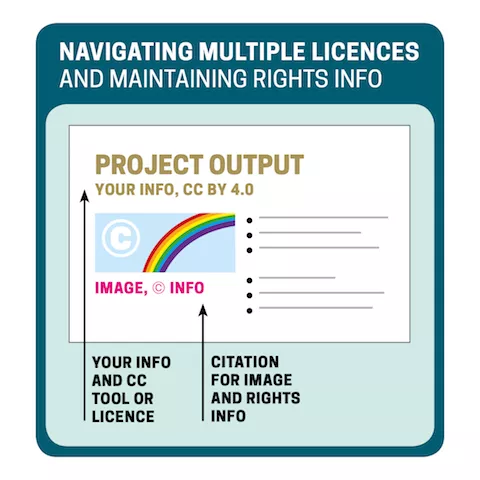 Infographic image with the title ‘Navigating multiple licences and maintaining rights information’