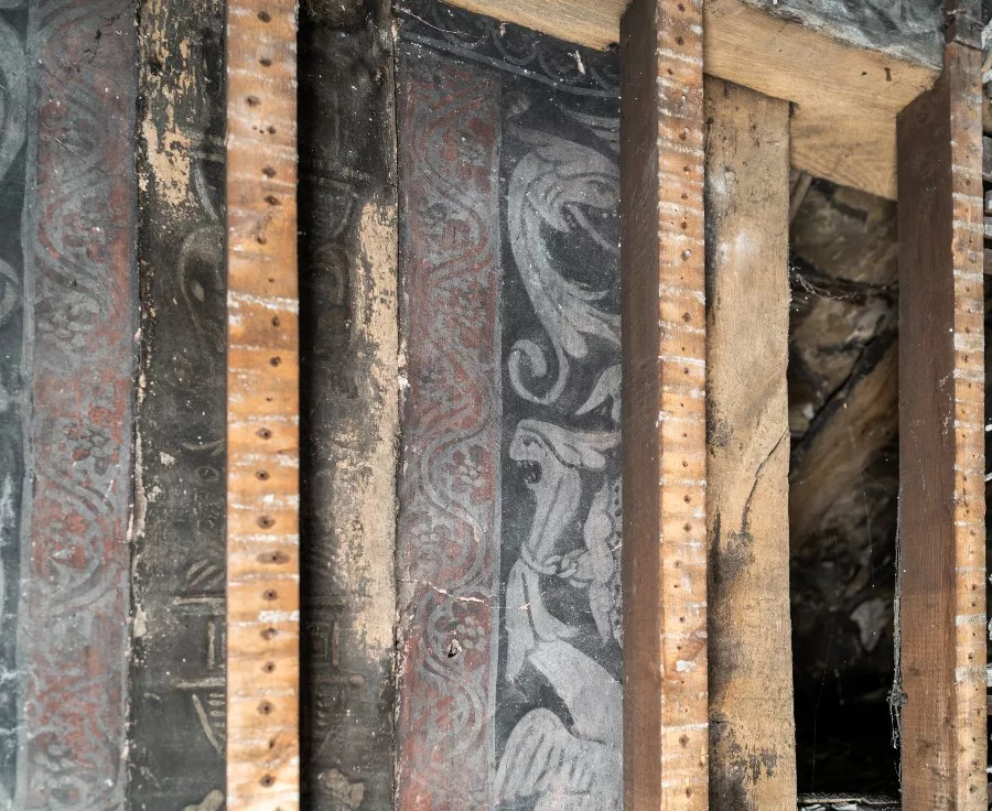 Close up of Tudor wall paintings uncovered at Calverley Old Hall. This section depicts roaring griffins in a grotesque style.