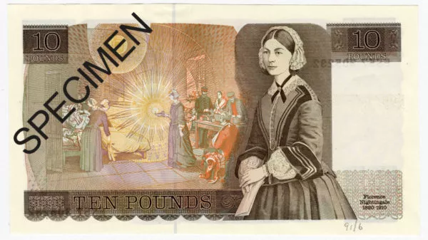 161-FN-10-Pound-Note-SPECIMEN.jpg Florence Nightingale on bank note