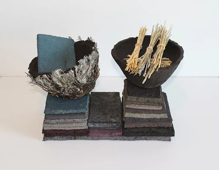 human-nature-table-John-Newling-tillage-exhibition.jpg A craft piece with two nest-like bowls on a base with feathers and straw