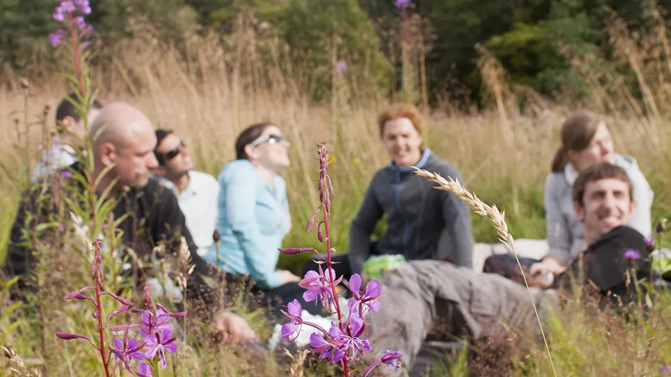A group of people sitting in a field, with flowers in the foreground