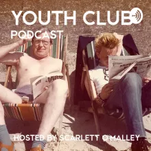 Advert for Youth Club podcast showing two people in deck chairs reading newspapers